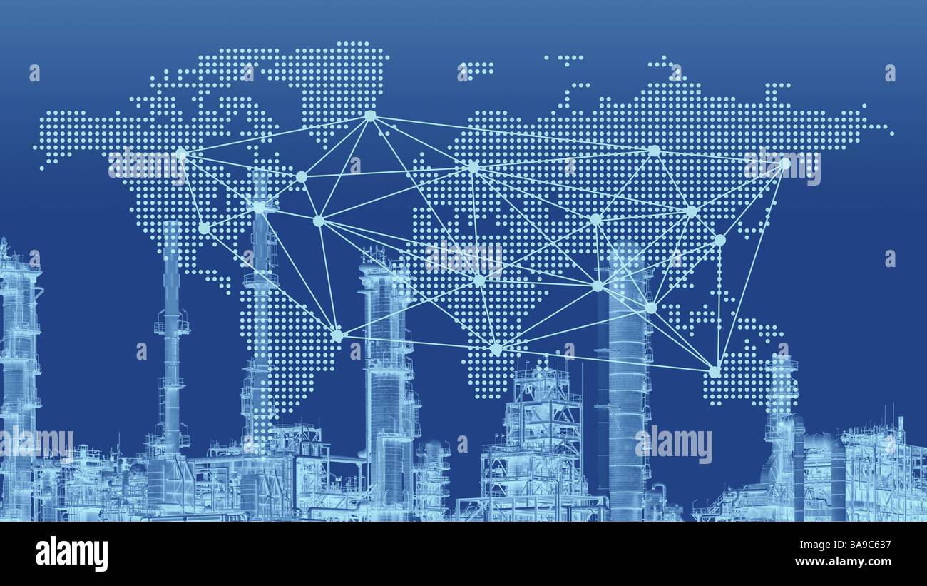 Sovrapposizione di mappe mondo vuoto con ampio sfondo dell'industria petrolifera su grafica con tonalità blu per lo sfondo presente in tutto il mondo. Foto Stock
