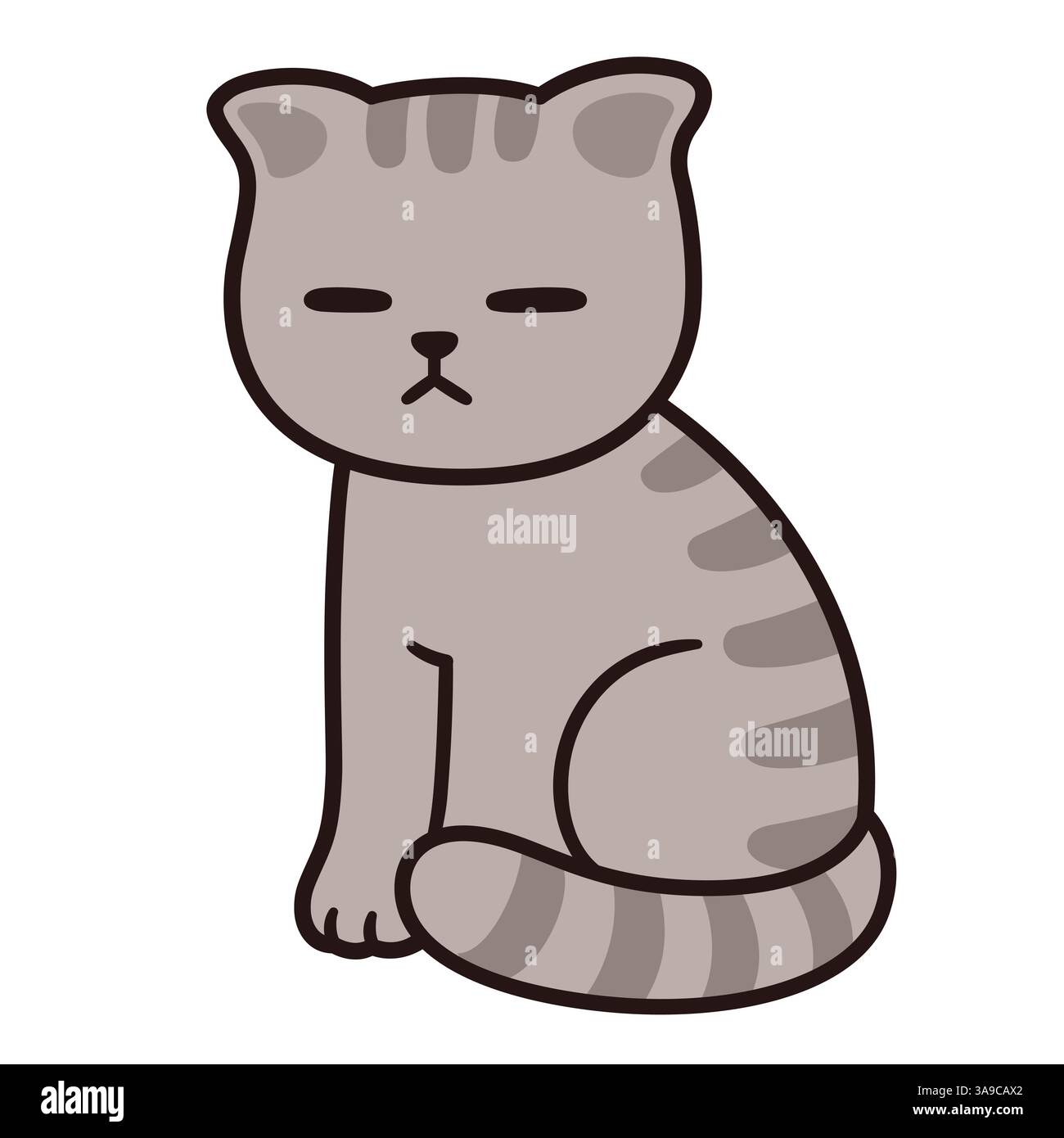 Carino cartone animato sonnolento o triste disegno di gatto. Divertente gattino grigio tabby, semplice illustrazione vettoriale disegnata a mano. Illustrazione Vettoriale Carino cartone animato sonnolento o triste disegno di gatto. Divertente gattino grigio tabby, semplice illustrazione vettoriale disegnata a mano. Illustrazione Vettoriale