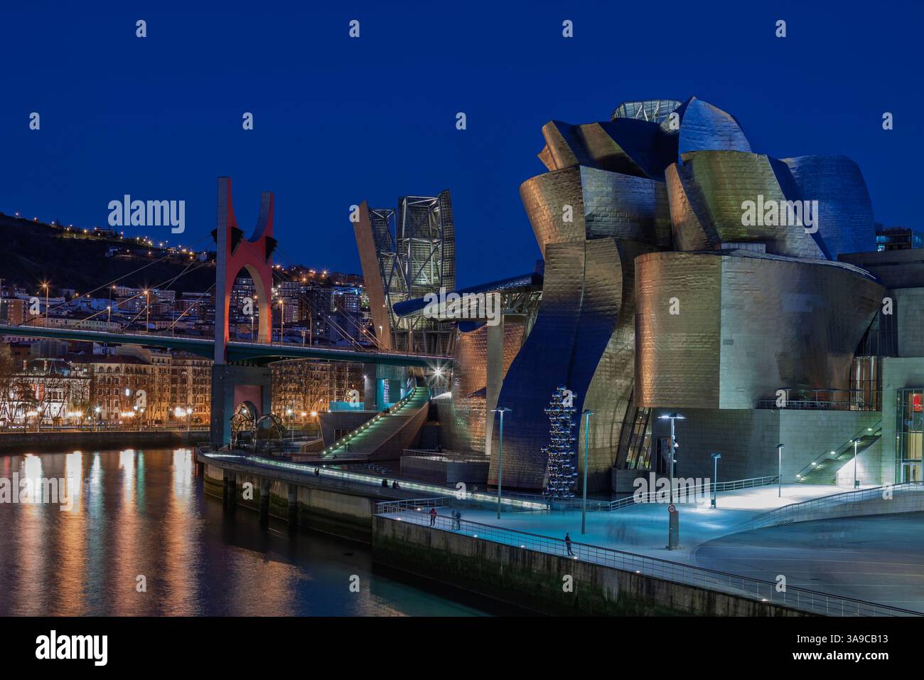 Vista notturna del museo Guggenheim sull'estuario del fiume Nervion. Bilbao, Spagna Foto Stock