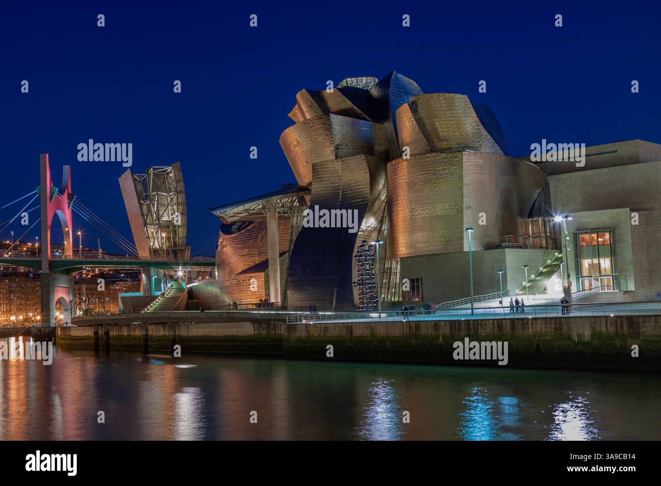Vista notturna del museo Guggenheim sull'estuario del fiume Nervion. Bilbao, Spagna Foto Stock