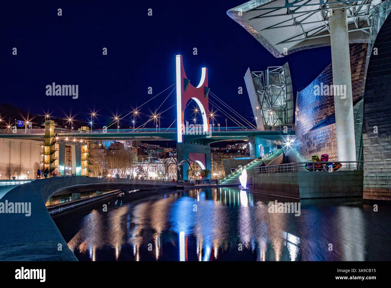 Vista notturna del museo Guggenheim sull'estuario del fiume Nervion. Bilbao, Spagna Foto Stock
