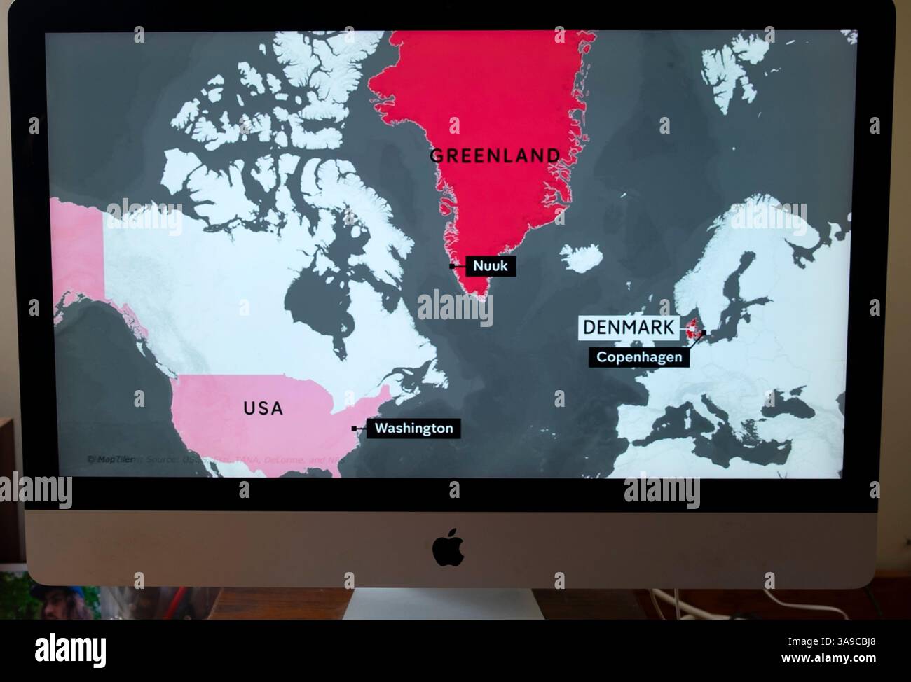 Computer screengrab mappa illustrativa di Nuuk Groenlandia in relazione al Nord America, Washington Stati Uniti Stati Uniti, Copenaghen Danimarca marzo 2025 Foto Stock