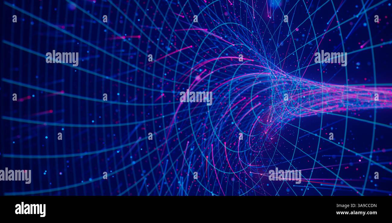 Flusso astratto di dati nel wormhole cibernetico. Vortice di informazioni di calcolo quantistico. Singolarità digitale. Foto Stock