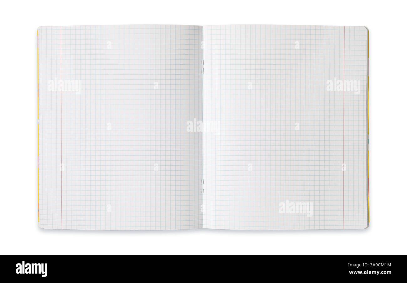Un notebook Squared vuoto rimane aperto su una superficie pulita, visualizzando le pagine vuote Foto Stock