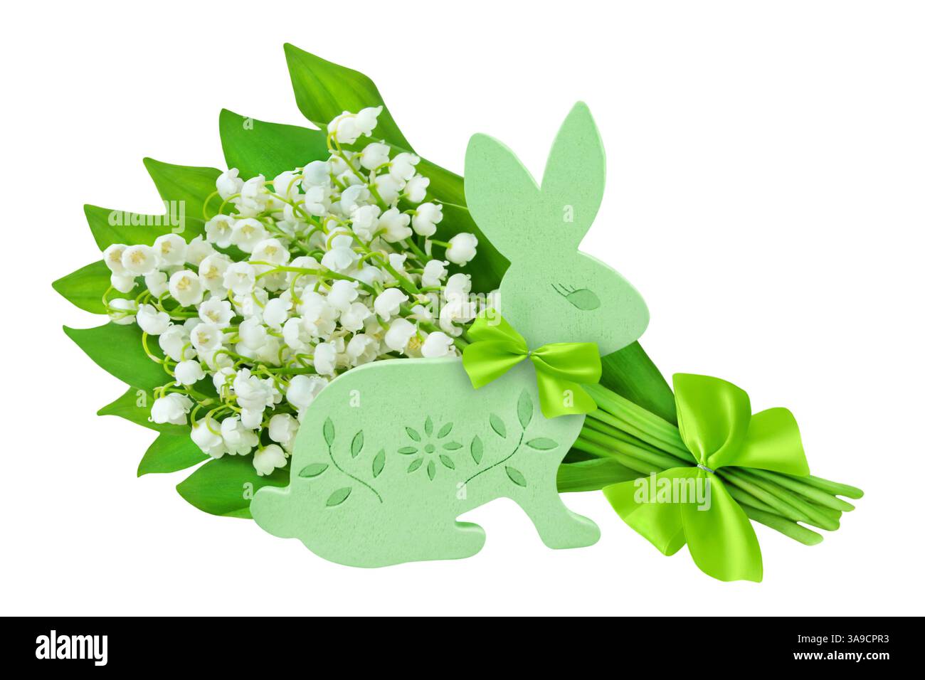 Giglio della Valle e coniglietto pasquale verde isolato su sfondo bianco Foto Stock