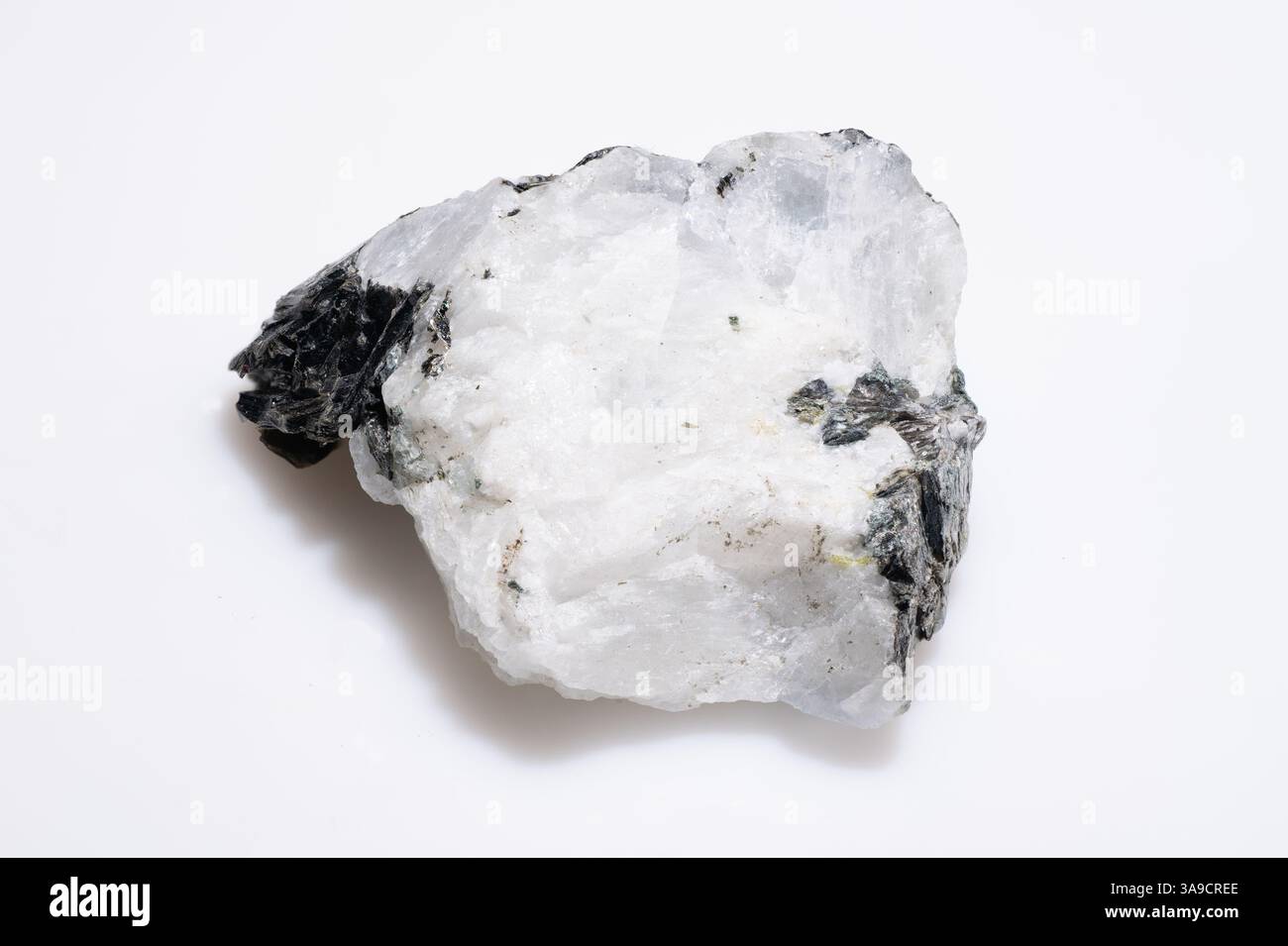 Minerale di pietra di luna ruvida naturale con inclusioni di tormalina nera, campione di pietra preziosa bianca grezza isolato su sfondo bianco Foto Stock