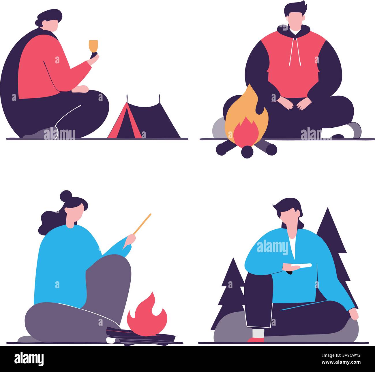 Illustrazione di quattro persone in campeggio, ognuna impegnata in attività diverse come sedersi accanto a un fuoco, tenere una tazza e sedersi vicino a una tenda. Illustrazione Vettoriale