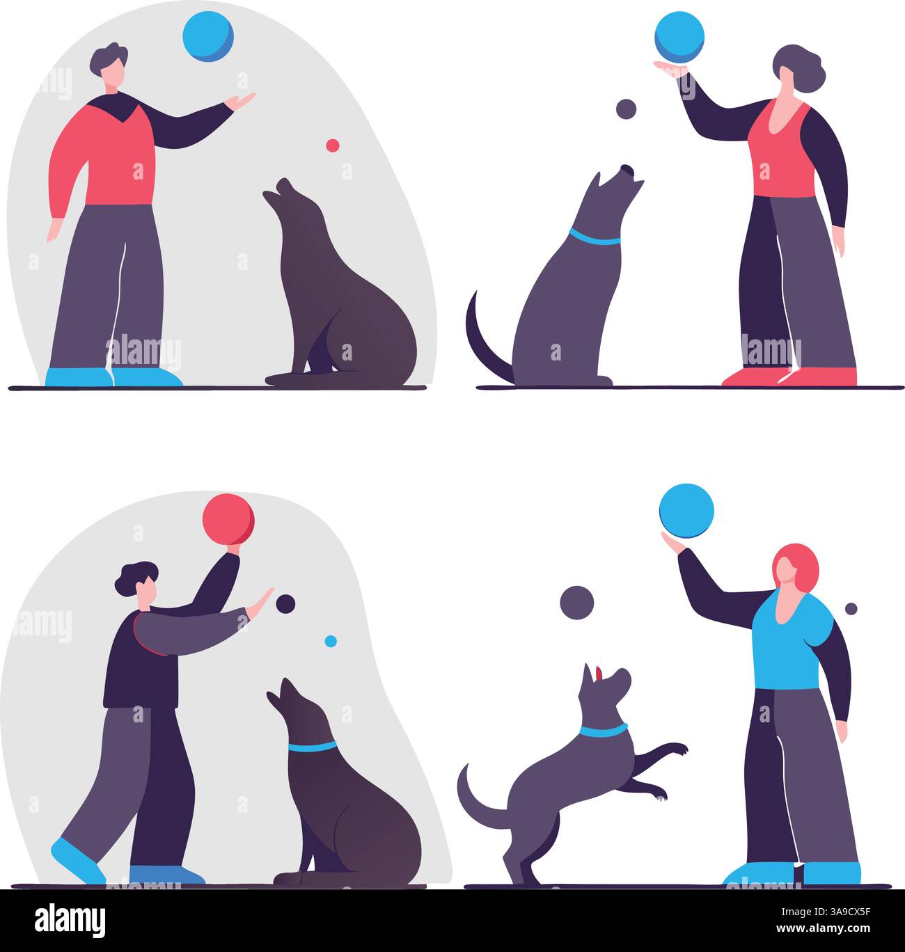 Un'illustrazione giocosa che mostra due coppie di persone che interagiscono con i cani. La sezione superiore presenta un uomo e una donna che lanciano una palla ai loro cani, wh Illustrazione Vettoriale