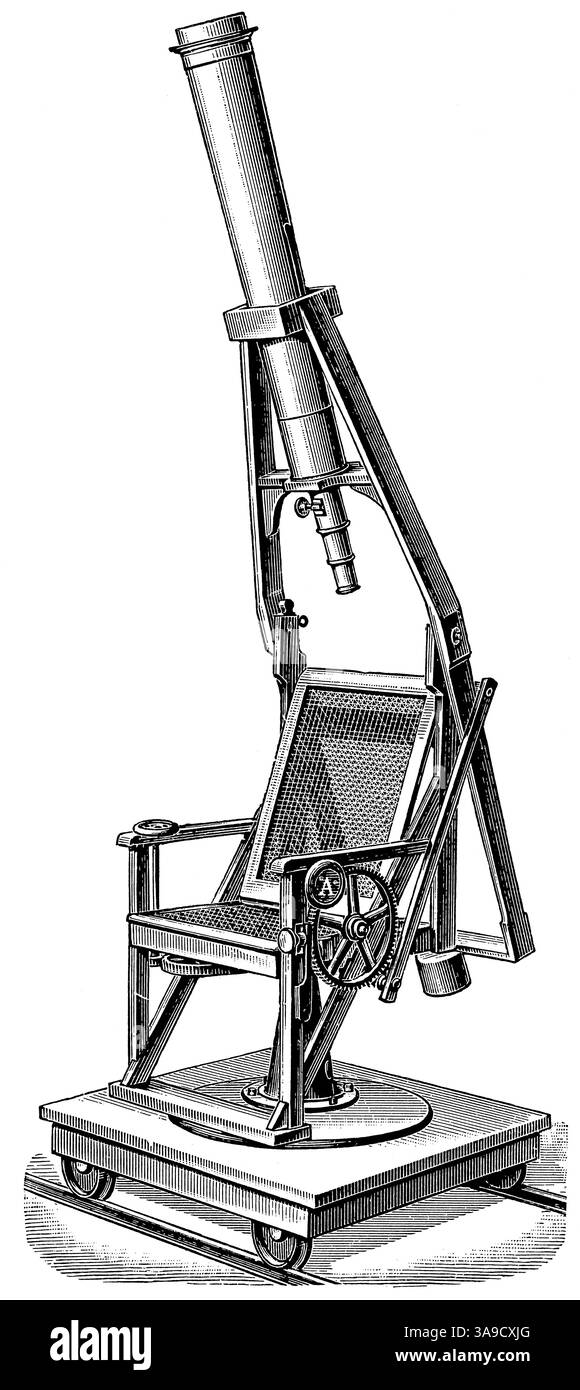 Cercatore di comete con montaggio su sedia. Pubblicazione della "Meyers encyclopedia", Vol. 7, Lipsia, Germania, 1910. Foto Stock
