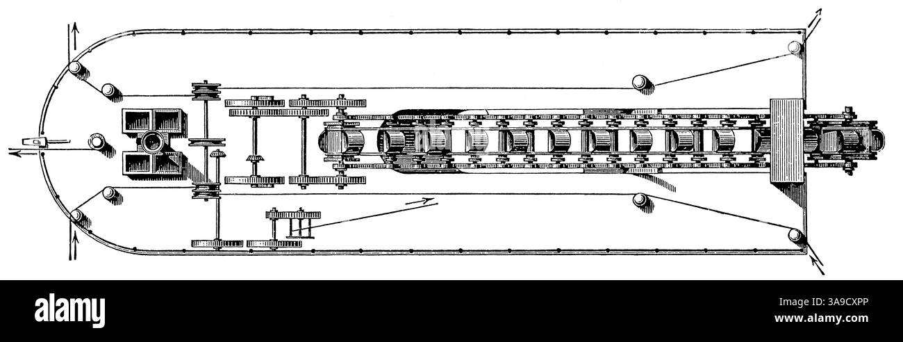 Escavatore a vapore con catena benna (vista dall'alto). Pubblicazione della "Meyers encyclopedia", Vol. 7, Lipsia, Germania, 1910. Foto Stock