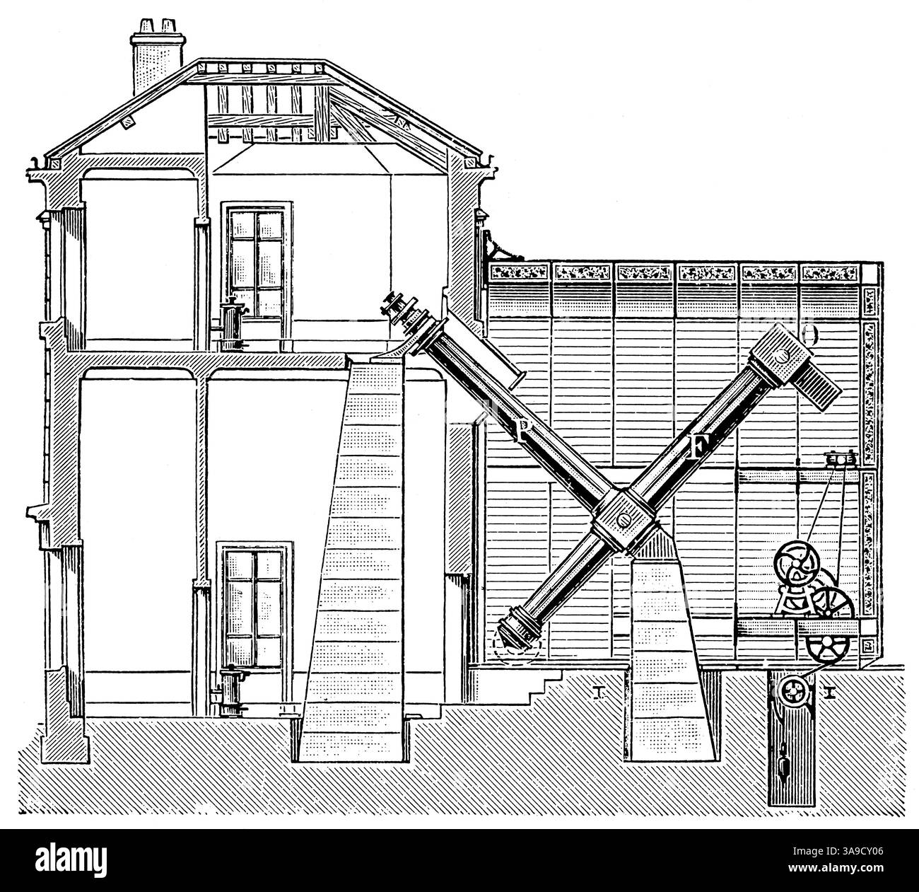 Telescopio Equatoriale coude dell'Osservatorio di Nizza. Pubblicazione della "Meyers encyclopedia", Vol. 7, Lipsia, Germania, 1910. Foto Stock