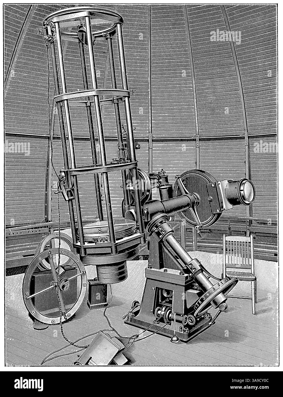 Telescopio riflettente dell'Osservatorio di Yerkes. Pubblicazione della "Meyers encyclopedia", Vol. 7, Lipsia, Germania, 1910. Foto Stock