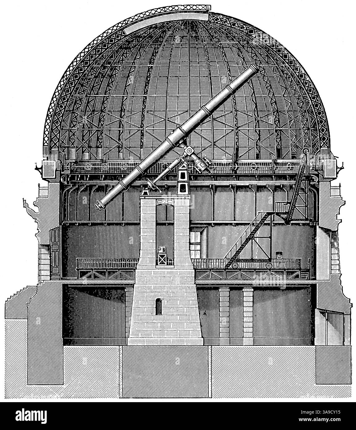 Costruzione di un rifrattore a Nizza. Pubblicazione della "Meyers encyclopedia", Vol. 7, Lipsia, Germania, 1910. Foto Stock