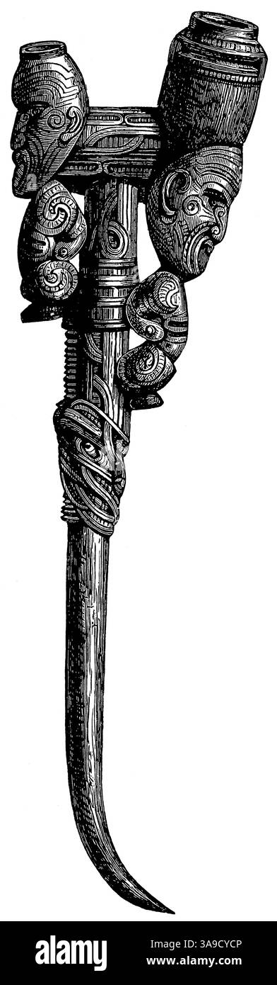 Pipa di tabacco dalla nuova Zelanda. Artefatti polinesiani. Pubblicazione della "Meyers encyclopedia", Vol. 7, Lipsia, Germania, 1910. Foto Stock