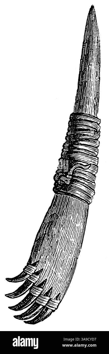Raschietto per ghiaccio degli Eschimesi. Artefatti d'America. Pubblicazione della "Meyers encyclopedia", Vol. 7, Lipsia, Germania, 1910. Foto Stock