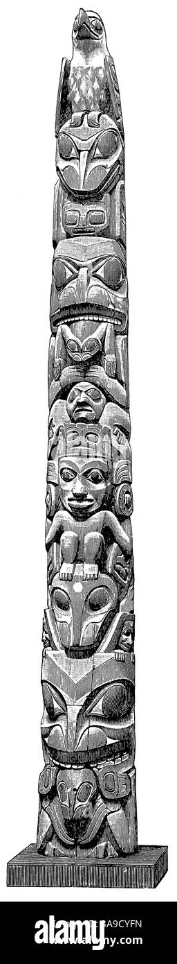 Totem del popolo Haida, Canada. Artefatti d'America. Pubblicazione della "Meyers encyclopedia", Vol. 7, Lipsia, Germania, 1910. Foto Stock