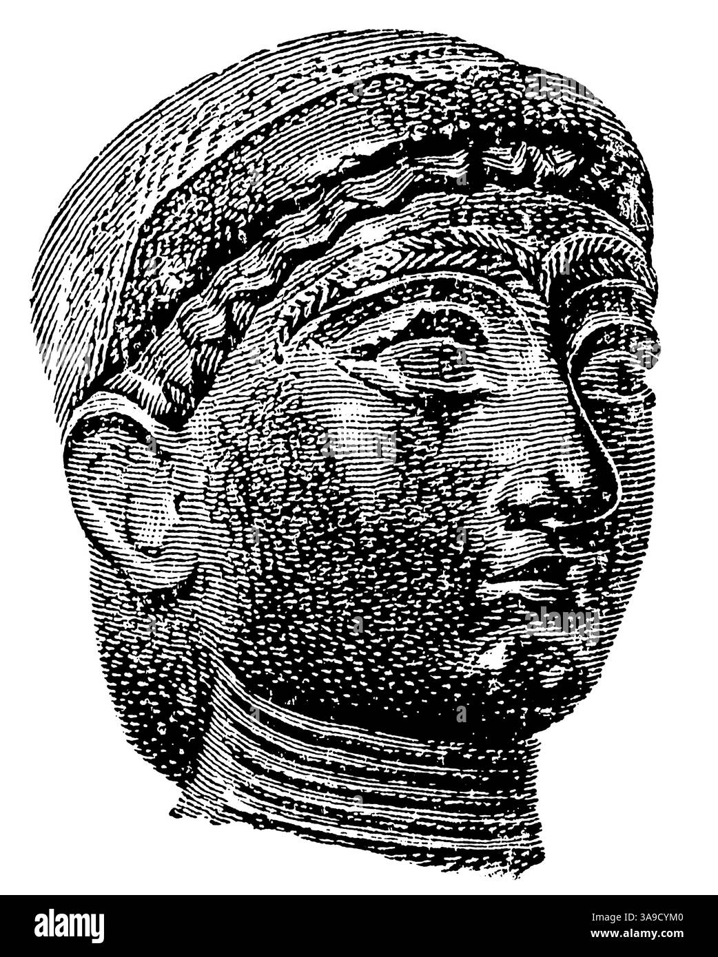 Capo di un'antica statua femminile caldea. Arte orientale antica. Pubblicazione della "Meyers encyclopedia", Vol. 7, Lipsia, Germania, 1910. Foto Stock