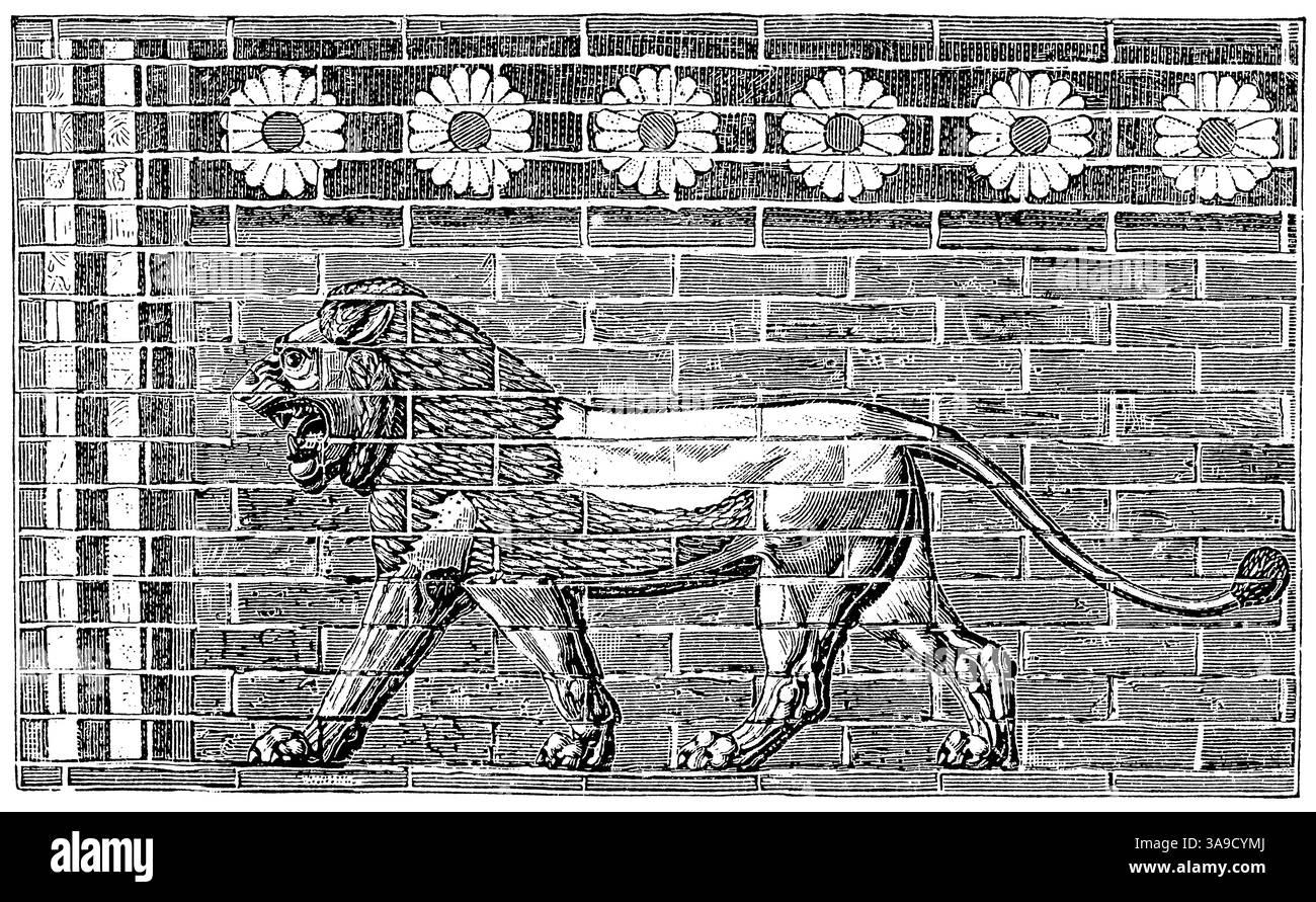 Vista dettagliata di un leone (simbolo della dea Ishtar) con fregio floreale sottostante. Arte orientale antica. Foto Stock