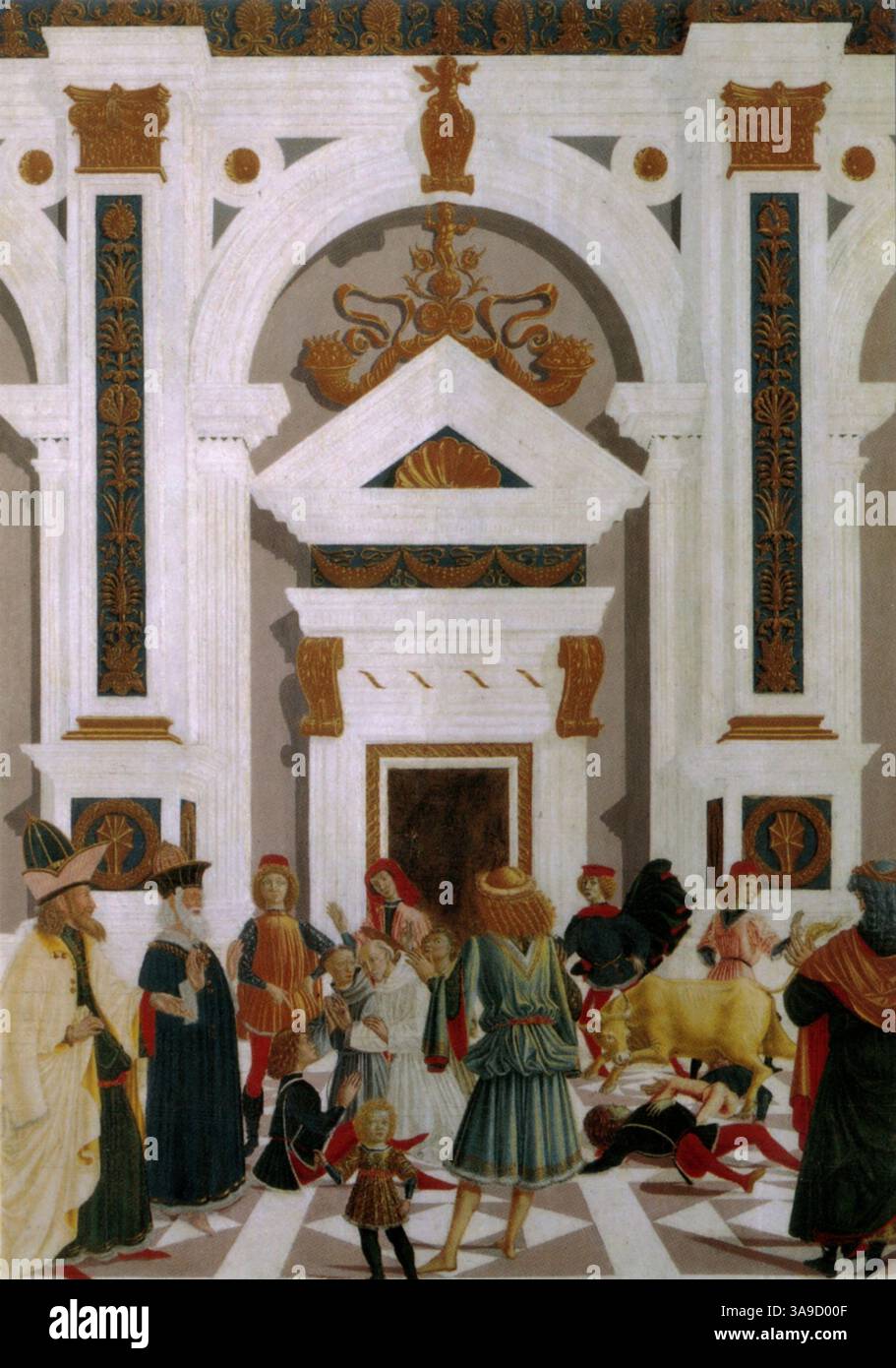 San Bernardino curando Nicola di Lorenzo da Prato, attaccato da un toro - miracoli di San Bernardino è una serie di otto dipinti a tempera su tavola che mostrano miracoli associati al Bernardino di Siena. Risalgono al 1473 e sono ora nella Galleria Nazionale dell'Umbria di Perugia. Foto Stock