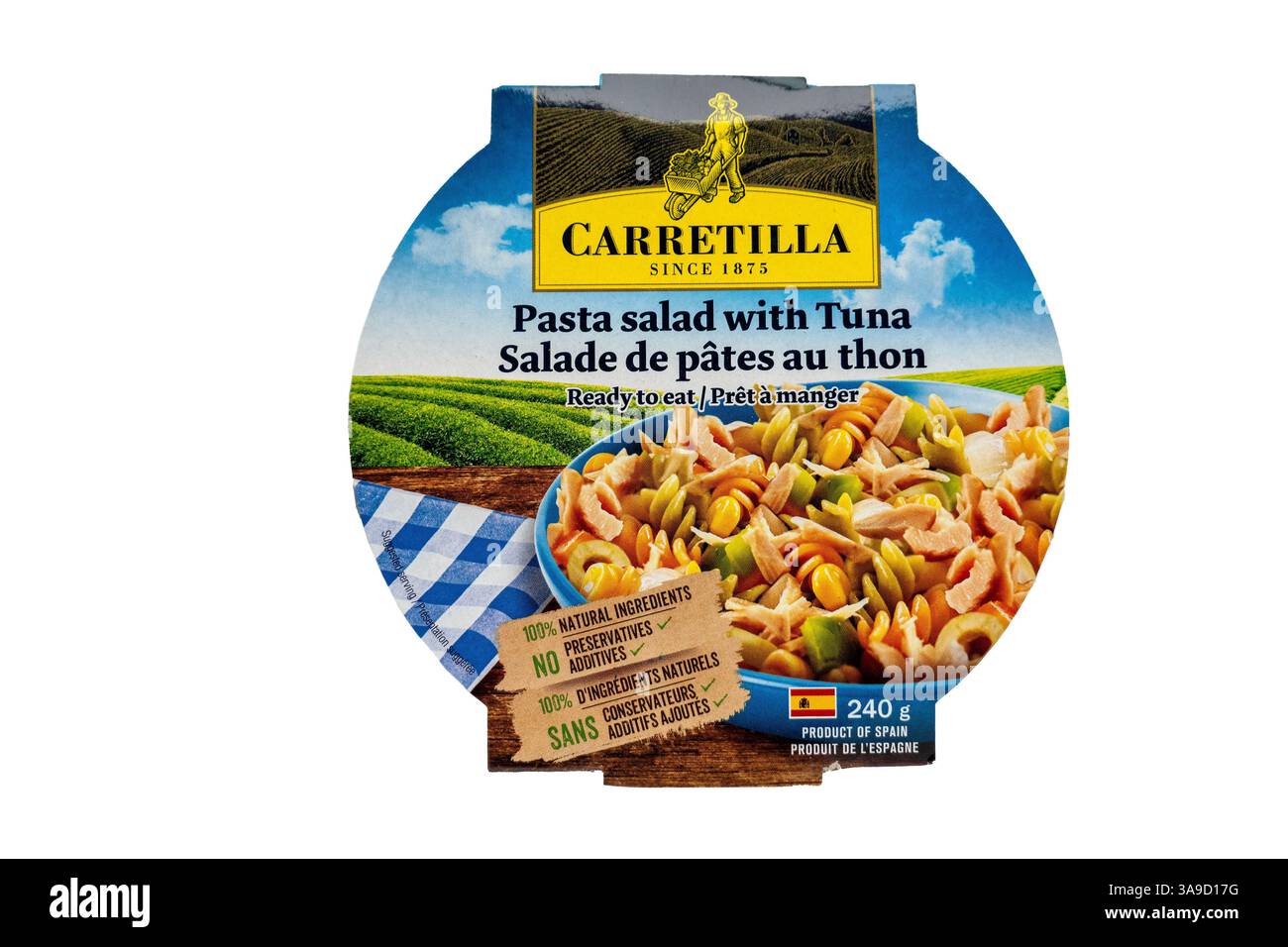 Carretilla Ready to eat Pasta Salad con tonno, prodotto della Spagna, confezione bilingue francese inglese in vendita in Canada, foto di scorta Foto Stock