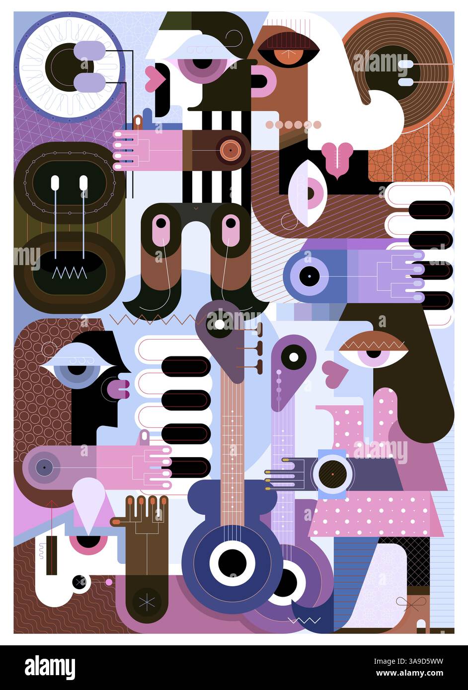 Un gruppo di musicisti si esibisce sul palco. Illustrazione grafica di chitarrista, batterista, pianoforte tastierista e cantanti. Sei musicisti che danno un concerto. Foto Stock