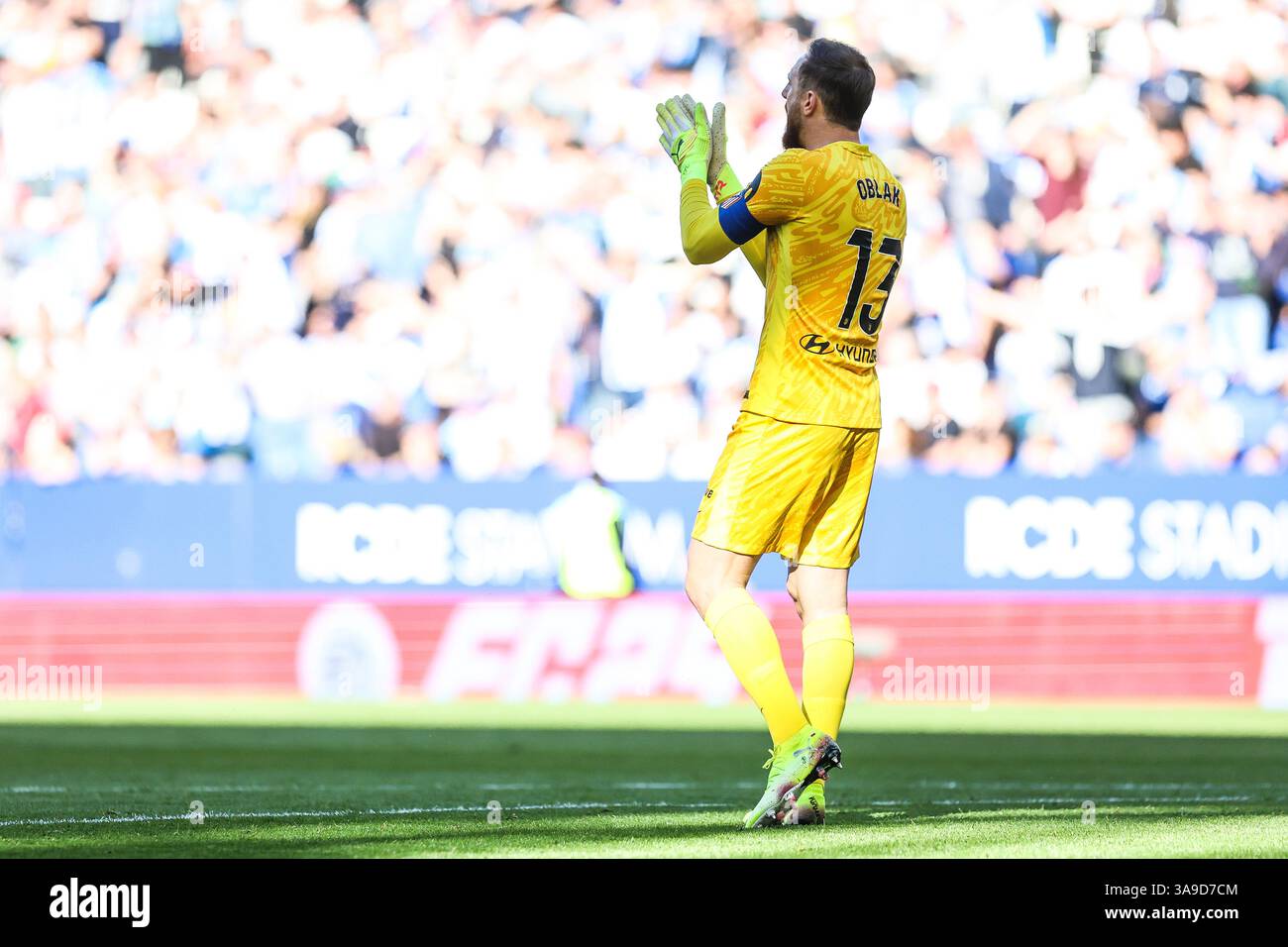 Barcellona, Spagna. 29 marzo 2025. Il portiere Jan Oblak (13) dell'Atletico Madrid è stato visto durante la partita di LaLiga tra Espanyol e Athletic Club allo Stage Front Stadium di Barcellona. Foto Stock