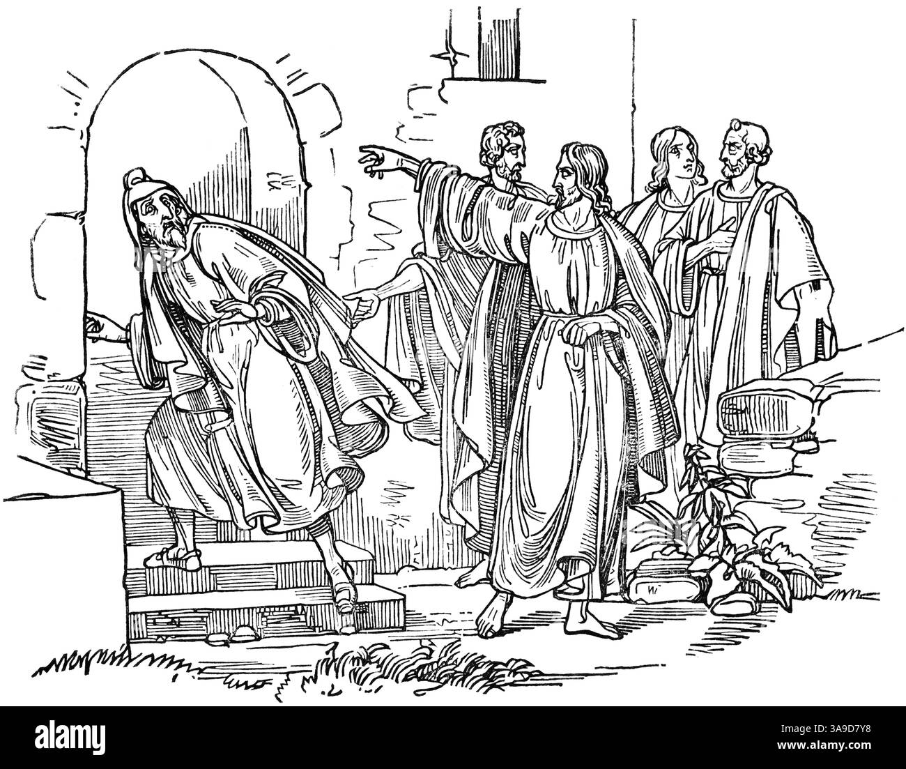 Lago Grimsel, storia popolare svizzera, Ahasuerus l'ebreo viene espulso dalla città, gruppo di persone, edificio, paura, espellere, illustrazione tagliata a legna, vitello svizzero Foto Stock