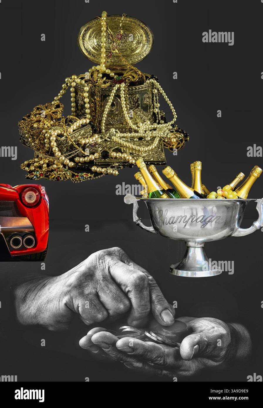 Immagine simbolica, povertà, ricchezza, sprechi, differenza antisociale, attività finanziarie, milionari, miliardari, percorso giusto, direzione discutibile, dove Foto Stock