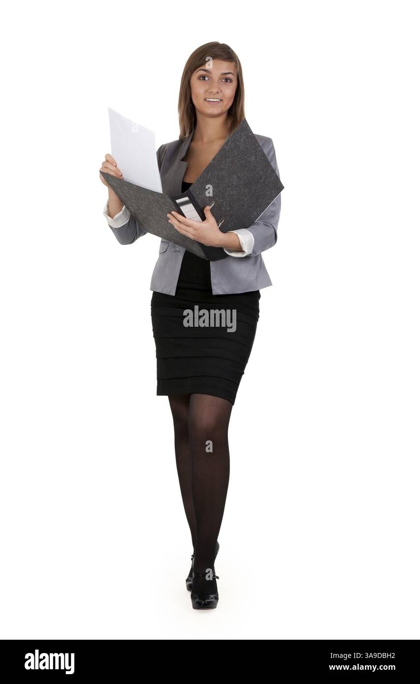 Ragazza d'affari con una cartella aperta isolata su sfondo bianco Foto Stock