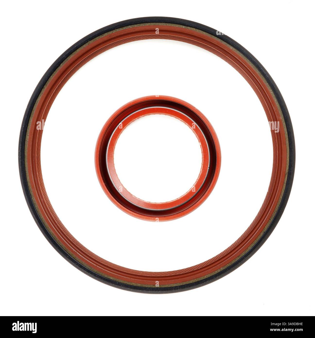 Due guarnizioni circolari sigillano il motore su uno sfondo bianco Foto Stock