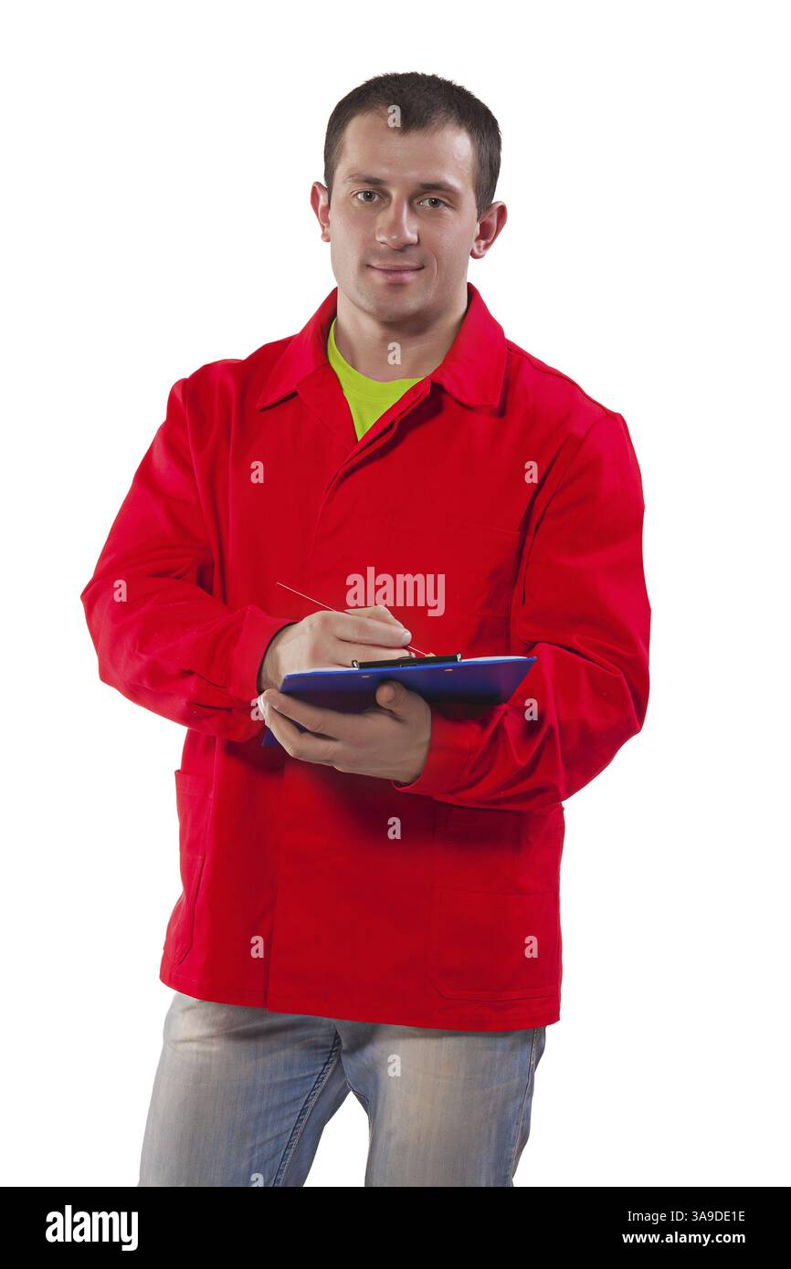 Lavoratore con appunti che guarda la telecamera isolata Foto Stock