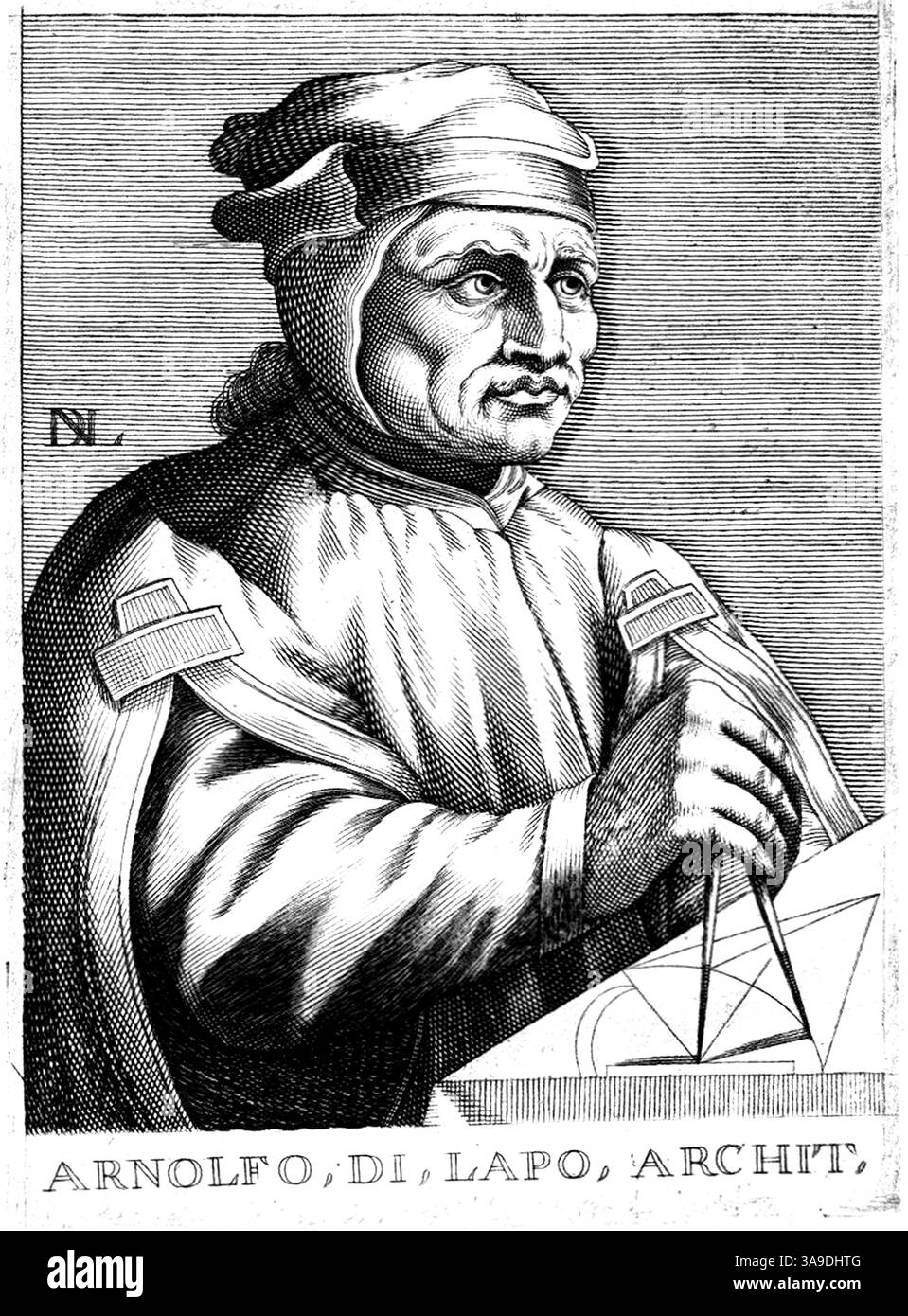 1300 c, ITALIA : l'architetto e scultore italiano ARNOLFO DI CAMBIO di Lapo ( 1245 c. - 1302 c. ). Ritratto dell'incisore N.D.L. , pubblicato nel 1695 . - ARTE - ARCHITETTO - ARCHITETTURA - ARCHITETTURA - ARTE - ritratto - incisione - RINASCIMENTO - RINASCIMENTO - SCULTURA - SCULTORE - SCULTURA - FOTO STORICHE - STORIA - compasso -- Archivio GBB Foto Stock