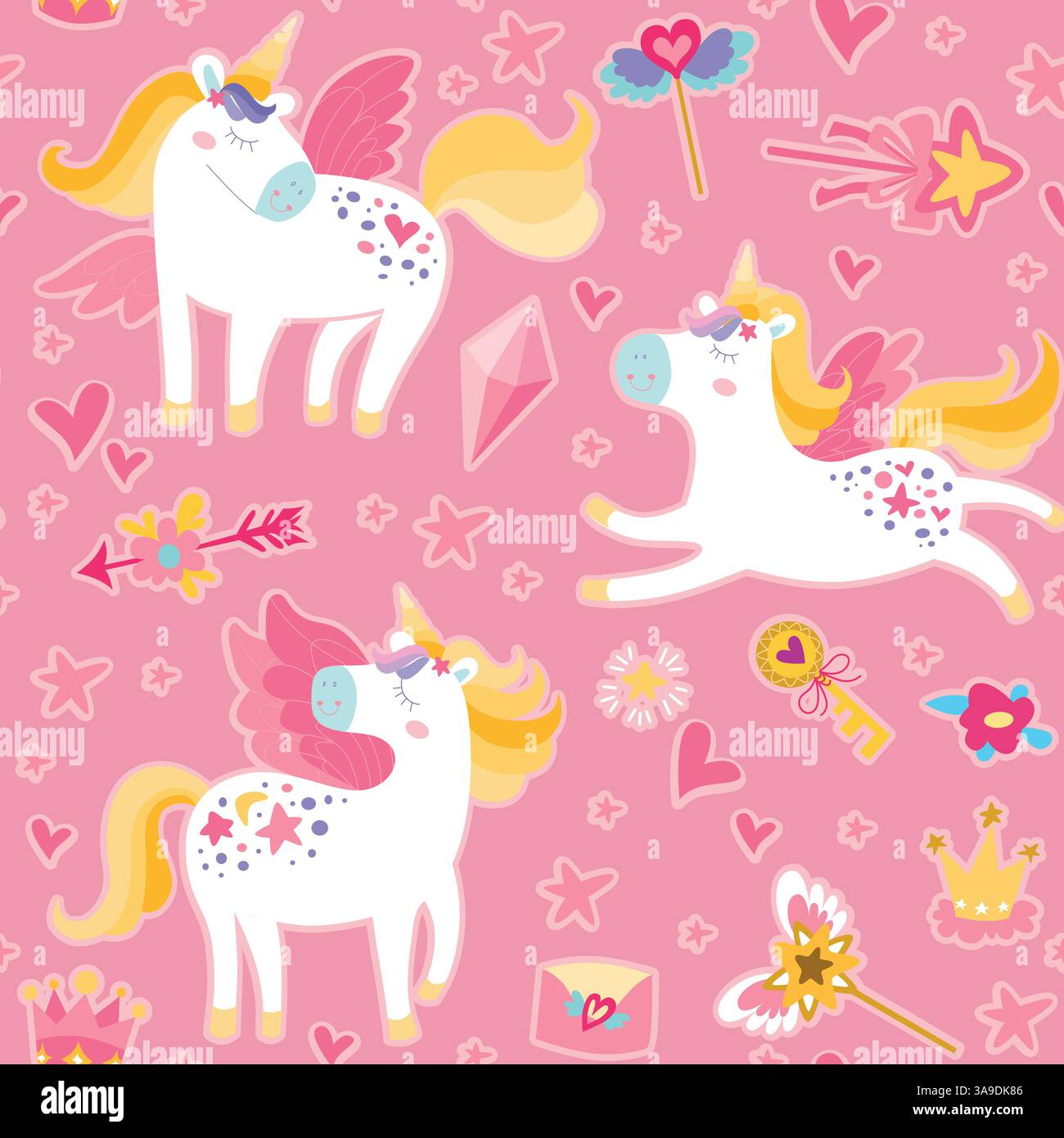 Il magico motivo unicorno dei bambini. Grazioso ornamento senza cuciture disegnato a mano con unicorni, bacchetta magica, stelle. Texture vettoriale per biancheria da letto, tessuto, wallpape per bambini Illustrazione Vettoriale