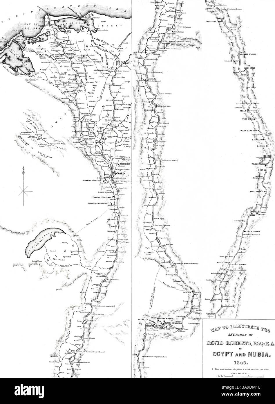 Mappa degli schizzi in Egitto e Nubia di David Roberts, illustrazione del XIX secolo di antichi templi e monumenti del Nilo Foto Stock