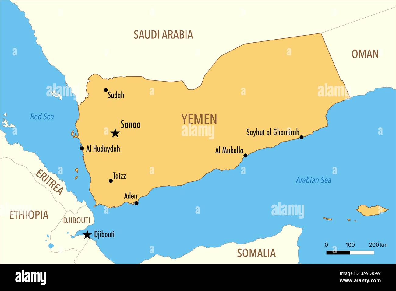 Mappa dello Yemen con le principali città e i confini politici Foto Stock