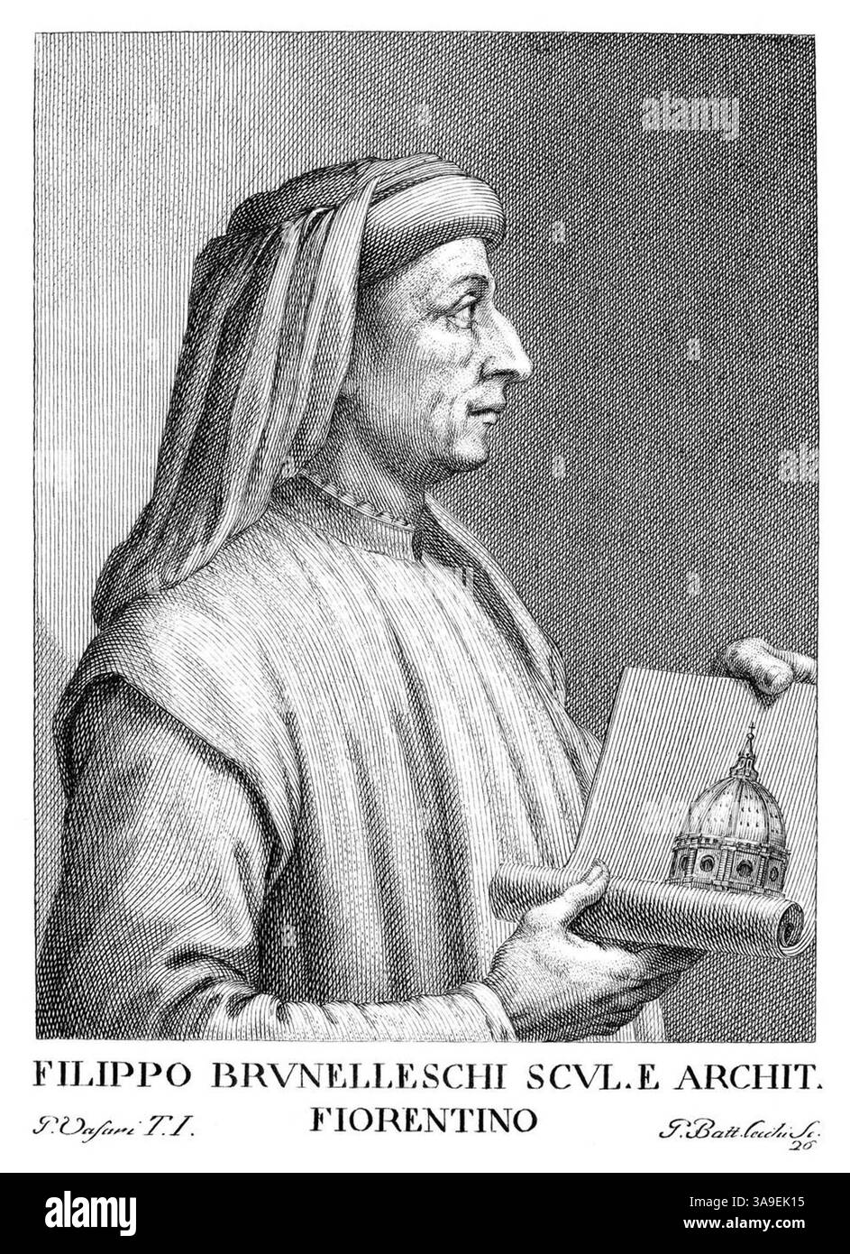1440 c., ITALIA : l'architetto e scultore italiano FILIPPO BRUNELLESCHI ( 1377 - 1446 ) . Incisione ritratto di Giovanni Battista Cecchi , su disegno originale di Giorgio VASARI , pubblicato nel XIX secolo . - ARTE - ARCHITETTO - ARCHITETTURA - ARCHITETTURA - ARTI - ritratti - incisione - RINASCIMENTO - RINASCIMENTO - SCULTORE - SCULTURA - SCULTURA --- Archivio GBB Foto Stock