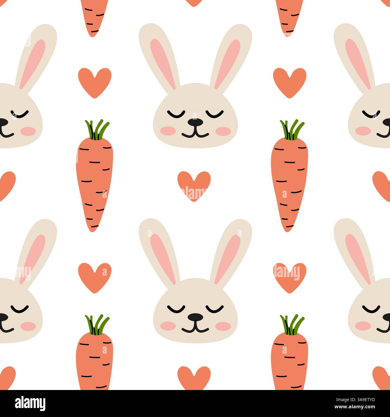 Motivo con simpatici conigli, carote e cuori in un design giocoso su sfondo bianco Illustrazione Vettoriale
