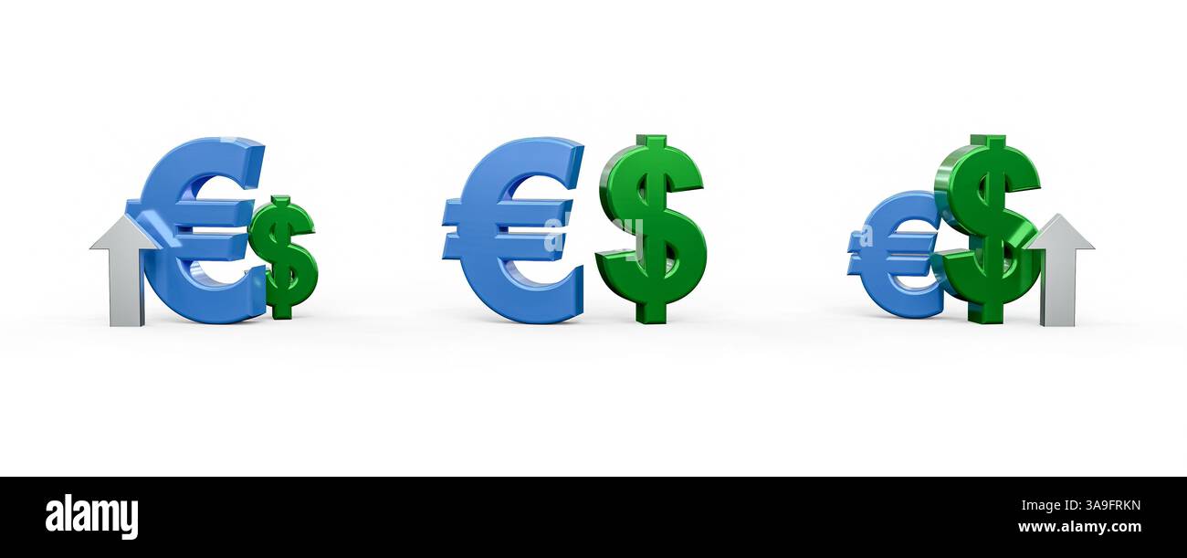 Simboli euro e dollaro con frecce verso il basso, tassi di cambio valuta - rendering 3D. Foto Stock