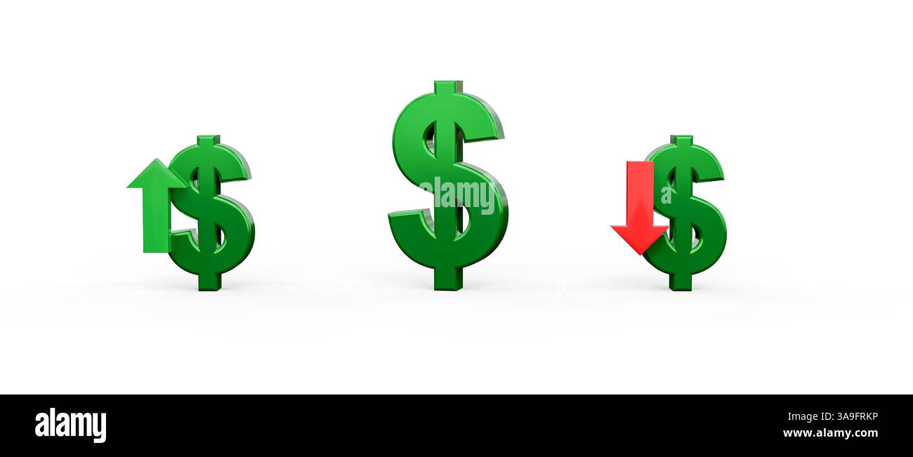 Simbolo del dollaro con frecce verso il basso e verso l'alto, tassi di cambio valuta - rendering 3D. Foto Stock
