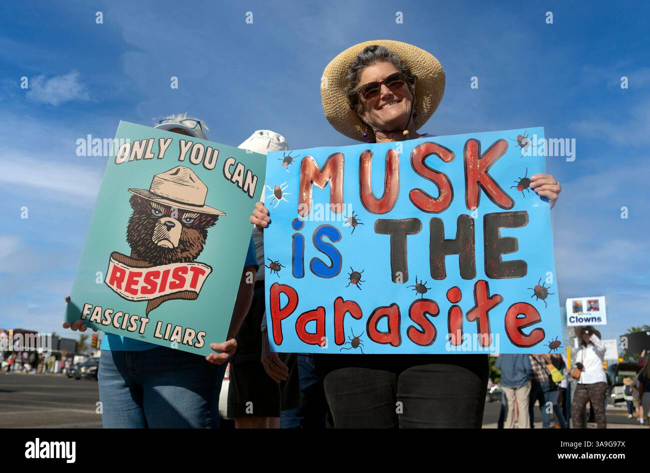 Manifestanti con cartelli che deridono Elon Musk e le buffonate DEL DOGE dell'amministrazione Trump, nonché cartelli con anti-TESLA, presso la concessionaria Tesla di Tucson, Arizona Foto Stock