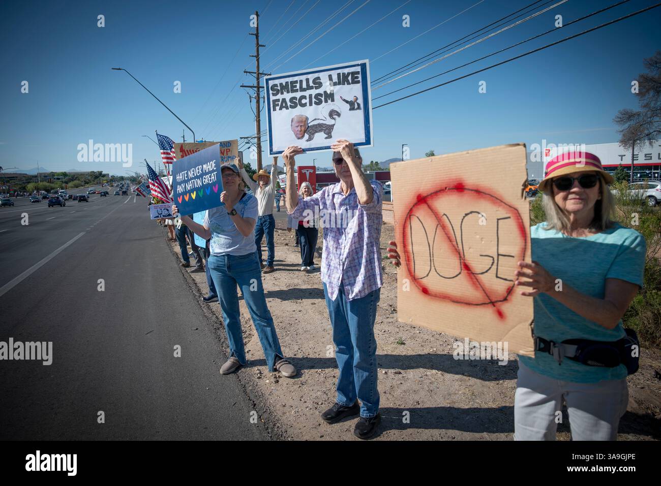 Manifestanti con cartelli che deridono Elon Musk e le buffonate DEL DOGE dell'amministrazione Trump, nonché cartelli con anti-TESLA, presso la concessionaria Tesla di Tucson, Arizona Foto Stock