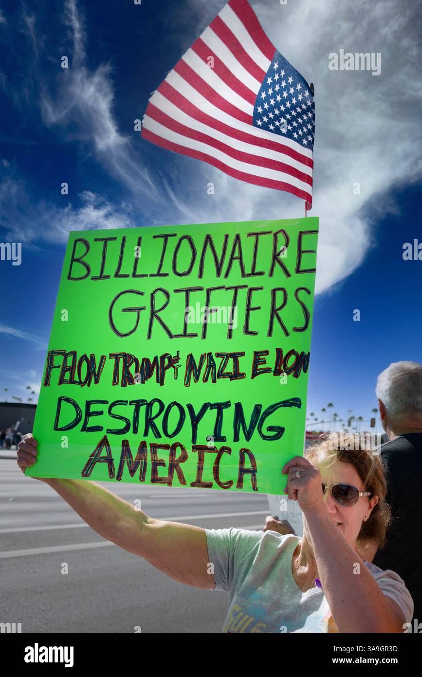Manifestanti con cartelli che deridono Elon Musk e le buffonate DEL DOGE dell'amministrazione Trump, nonché cartelli con anti-TESLA, presso la concessionaria Tesla di Tucson, Arizona Foto Stock