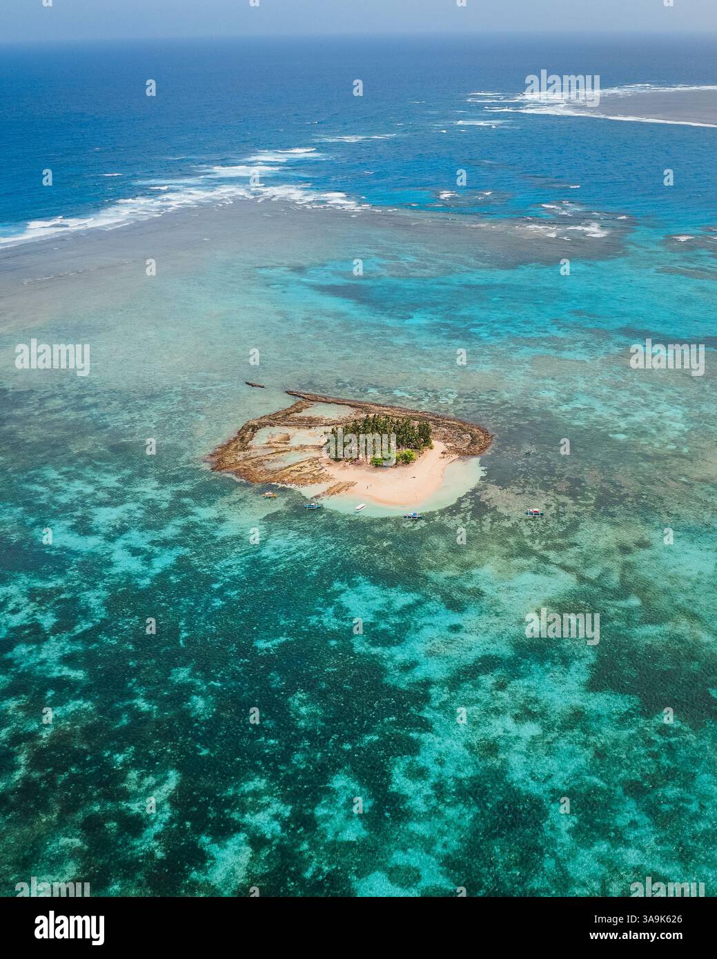 Vista aerea dell'isola di Guyam, Siargao, Una piccola e bellissima isola circondata da acque cristalline, spiagge di sabbia bianca e lussureggianti palme Foto Stock