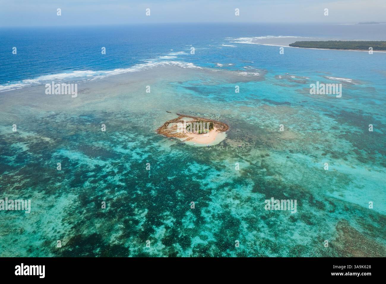 Vista aerea dell'isola di Guyam, Siargao, Una piccola e bellissima isola circondata da acque cristalline, spiagge di sabbia bianca e lussureggianti palme Foto Stock