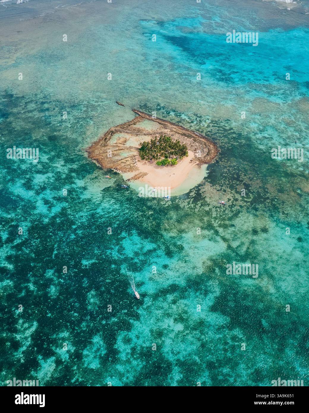 Vista aerea dell'isola di Guyam, Siargao, Una piccola e bellissima isola circondata da acque cristalline, spiagge di sabbia bianca e lussureggianti palme Foto Stock