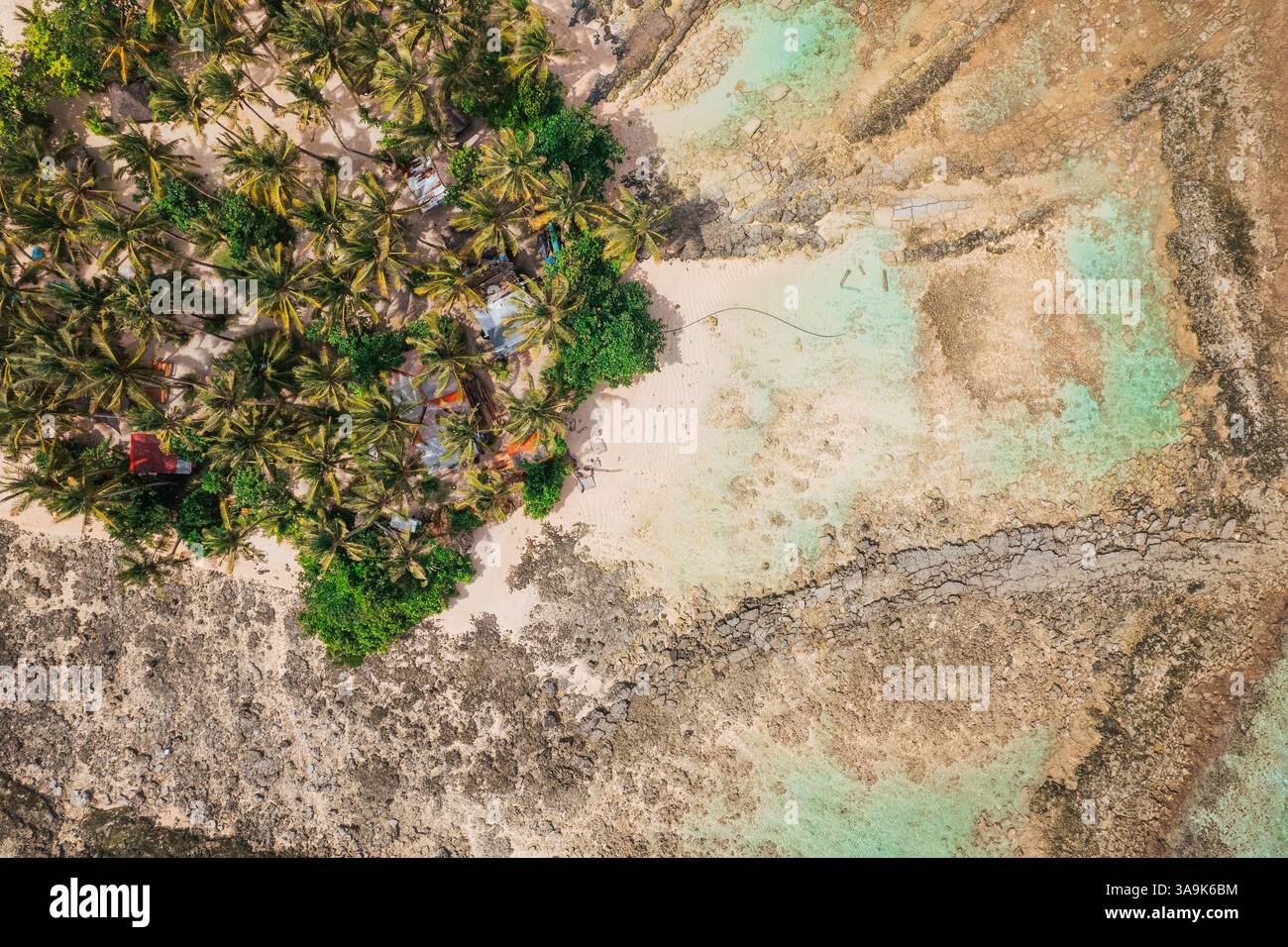 Vista aerea dell'isola di Guyam, Siargao, Una piccola e bellissima isola circondata da acque cristalline, spiagge di sabbia bianca e lussureggianti palme Foto Stock