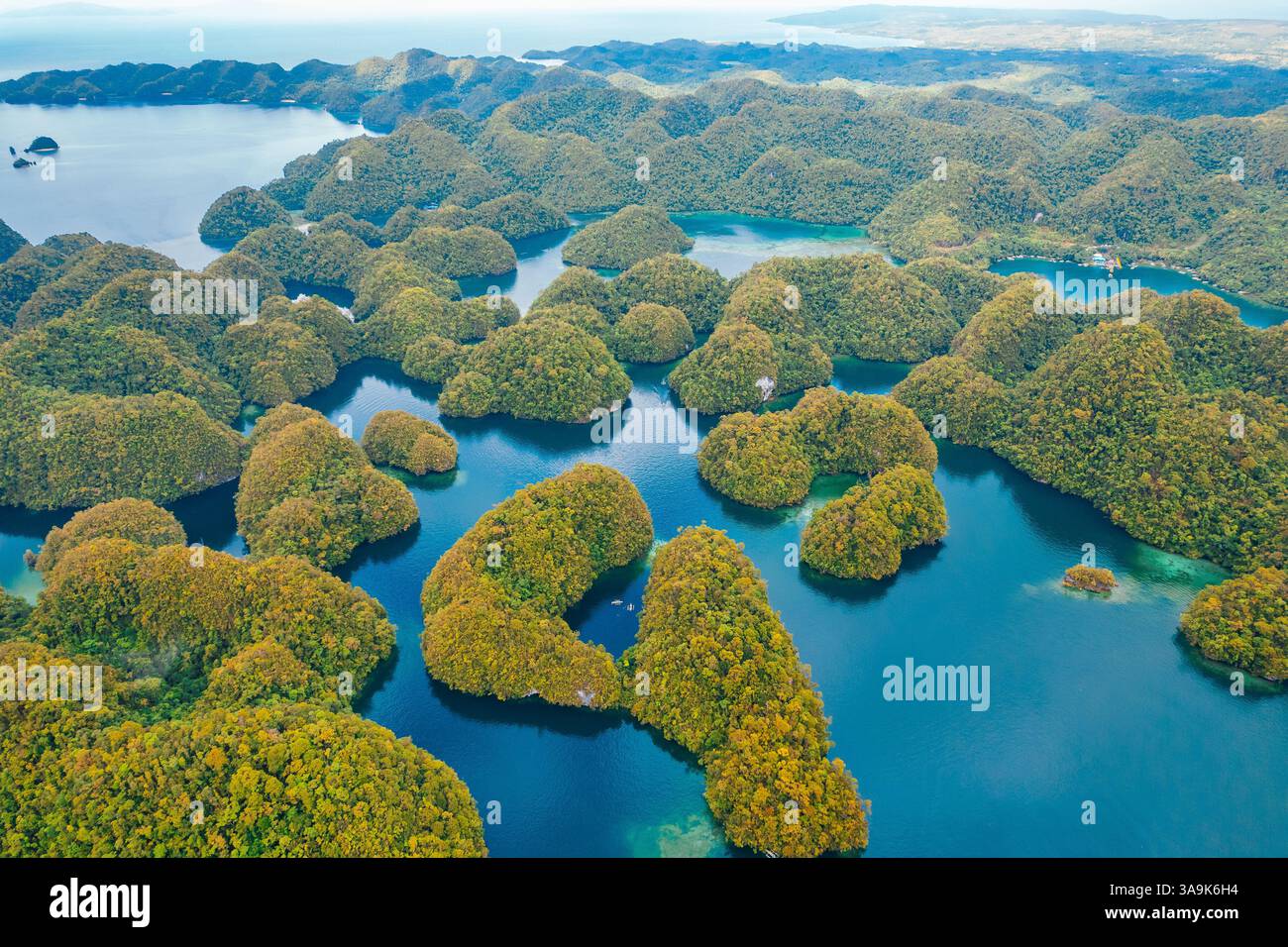 Vista aerea mozzafiato di Sohoton Cove, Un paradiso nascosto di rigogliose scogliere calcaree, lagune turchesi e grotte misteriose a Siargao, Filippine Foto Stock
