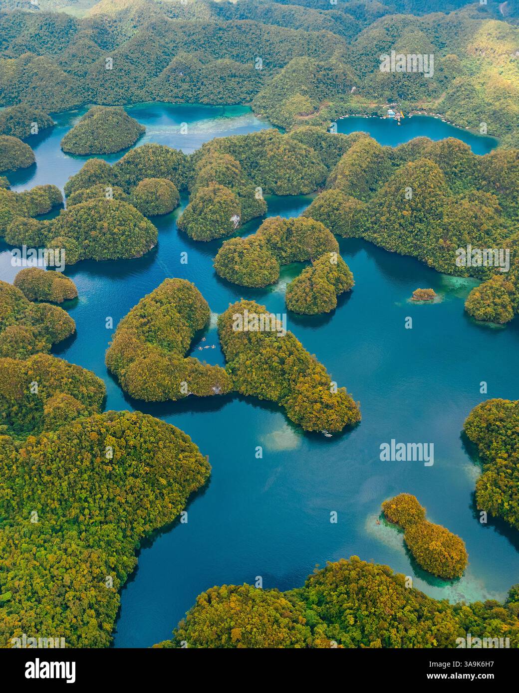 Vista aerea mozzafiato di Sohoton Cove, Un paradiso nascosto di rigogliose scogliere calcaree, lagune turchesi e grotte misteriose a Siargao, Filippine Foto Stock