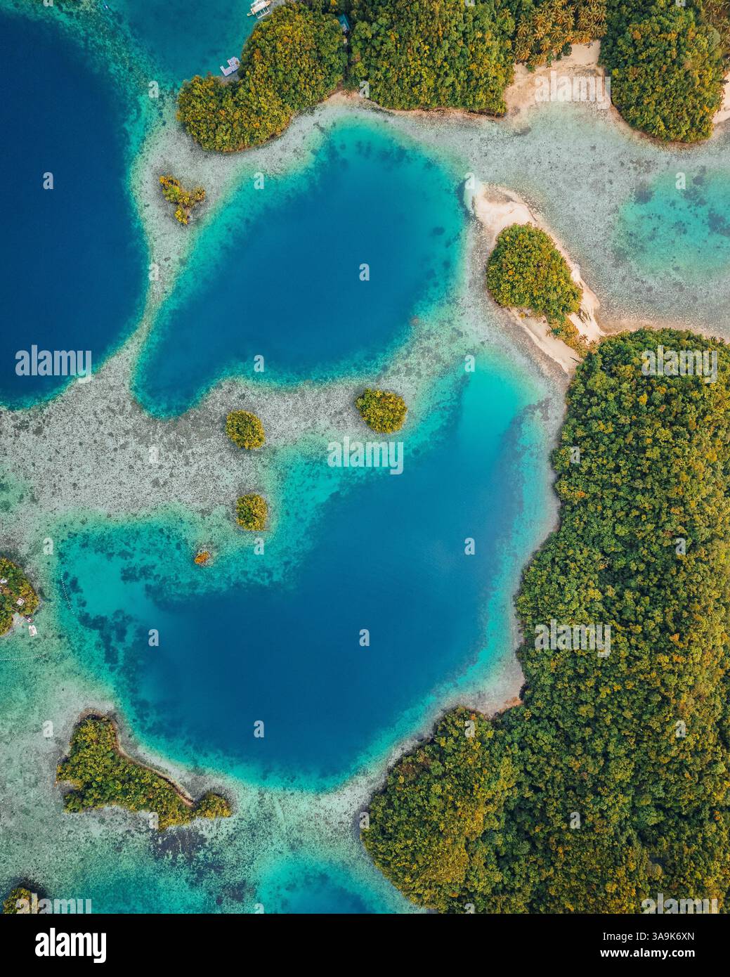 Vista aerea mozzafiato di Sohoton Cove, Un paradiso nascosto di rigogliose scogliere calcaree, lagune turchesi e grotte misteriose a Siargao, Filippine Foto Stock