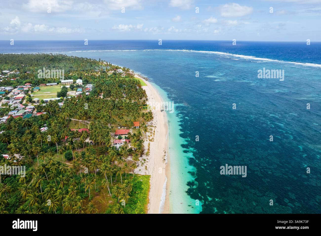 Vista aerea mozzafiato delle spiagge incontaminate di Siargao: Le acque turchesi, la sabbia bianca e le lussureggianti palme creano il paradiso tropicale definitivo! Foto Stock